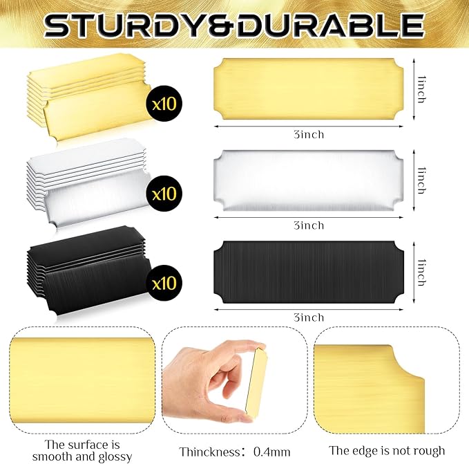 Therwen 30 Pcs Name Plates Laser Engraved Brushed Stainless Steel Plate Personalized Plaque Blank Custom Name Tag Frame Label with Adhesive Backing(Gold, Silver and Black Notched Corner,1''x 3'')