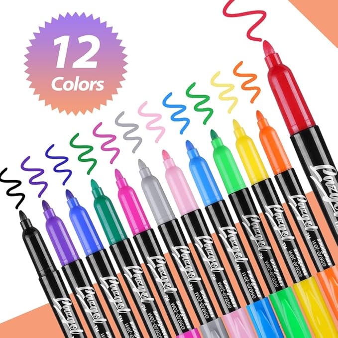 Wet Erase Markers, Bulk Pack of 16 (12 Colors) Fine Tip Overhead Transparency Smudge Free Markers for Dry Erase Whiteboard, Refrigerator Calendars, Glass and Films, Erase with Water