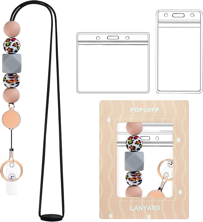 Retractable Lanyards for ID Badges and Keys, Cute Breakaway Teacher Lanyard with Badge Holders and Reels, Silicone Beaded Lanyard for Women, Nurses, Office with 2 Waterproof Card Holders