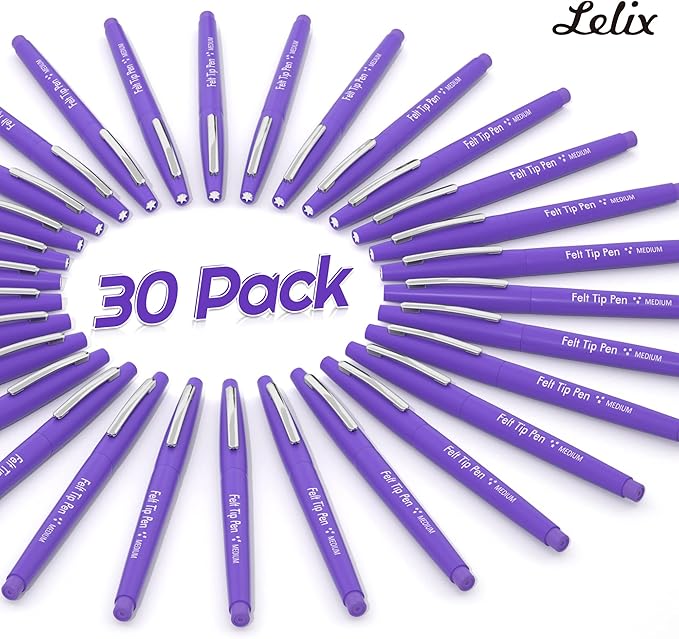 Lelix Felt Tip Pens, 30 Purple Pens, 0.7mm Medium Point Felt Pens, Felt Tip Markers Pens for Journaling, Writing, Note Taking, Planner, Perfect for Art Office and School Supplies
