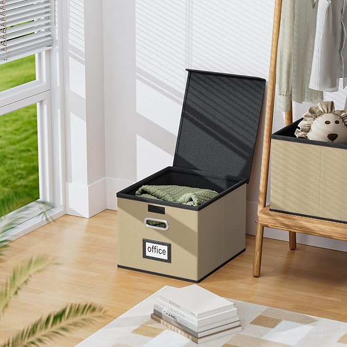 Huolewa Upgraded Portable Leather File Organizer Boxes with Lids, Office Document Boxes Organizer, Filing Boxes, Decorative Small File Boxes for Hanging Files with Plastic Slide for Office/Decor/Home