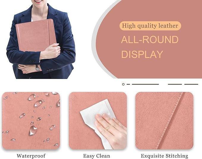 Business Vegan Leather Folder with Clipboards, Portfolio Binder Organizer, Business Portfolio for Men/Women, Zipper Portfolio Notebook, Binder with clipboard, Personalized Gift for Friends, Pink