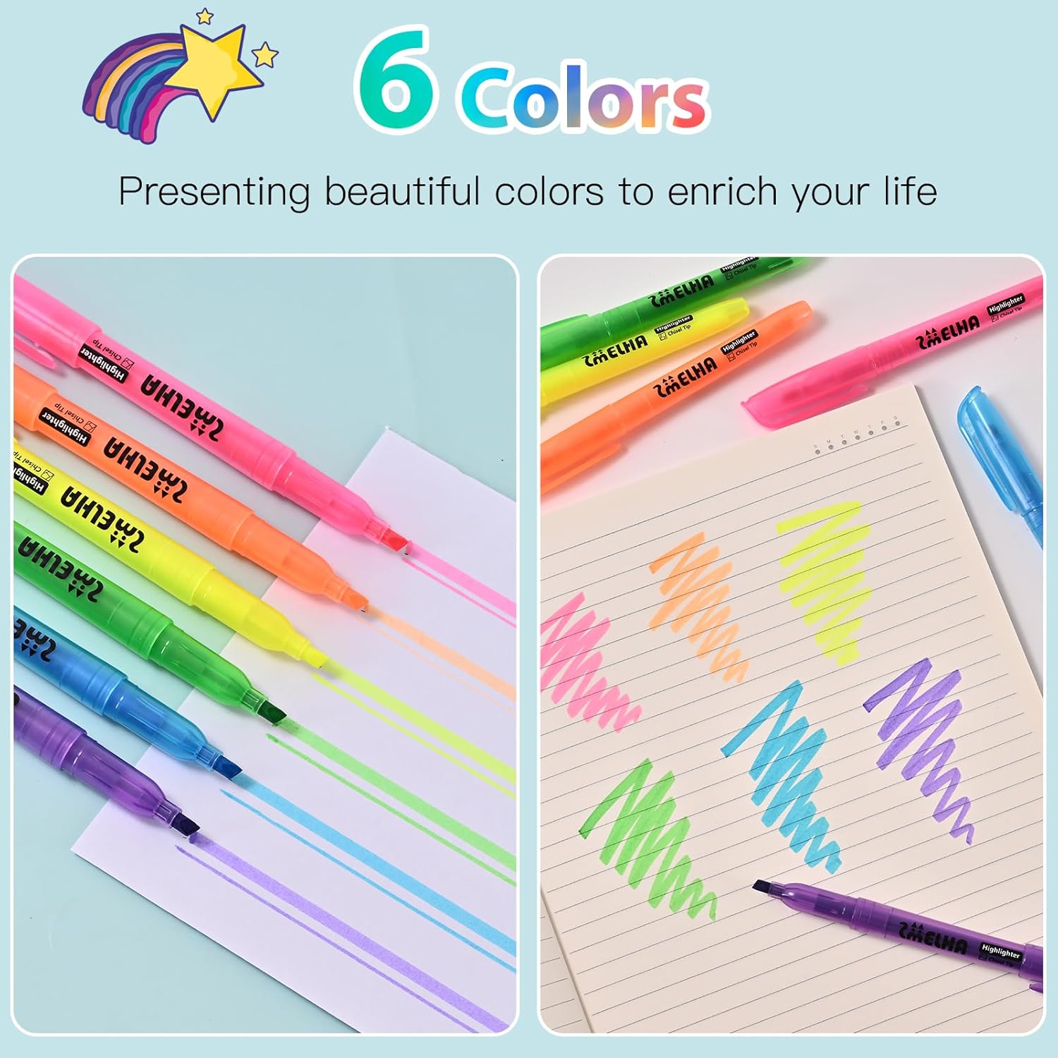 SMELHA Highlighters - 150 Pack Assorted Colors, 6 Colors, Chisel Tip, Quick Dry, Suitable for Offices, Schools, Home