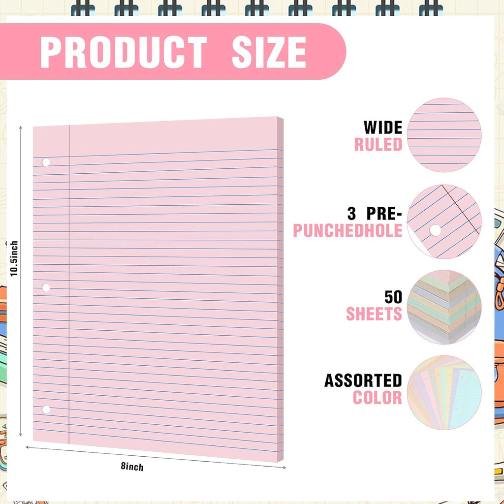 PerKoop 12 Pack 600 Sheets Colored Lined Paper Bulk Wide Ruled 8 x 10.5 Inches, Pastel Loose Leaf Notebook Paper 3 Hole Punched Filler for Back School Classroom Supplies(Light Color)