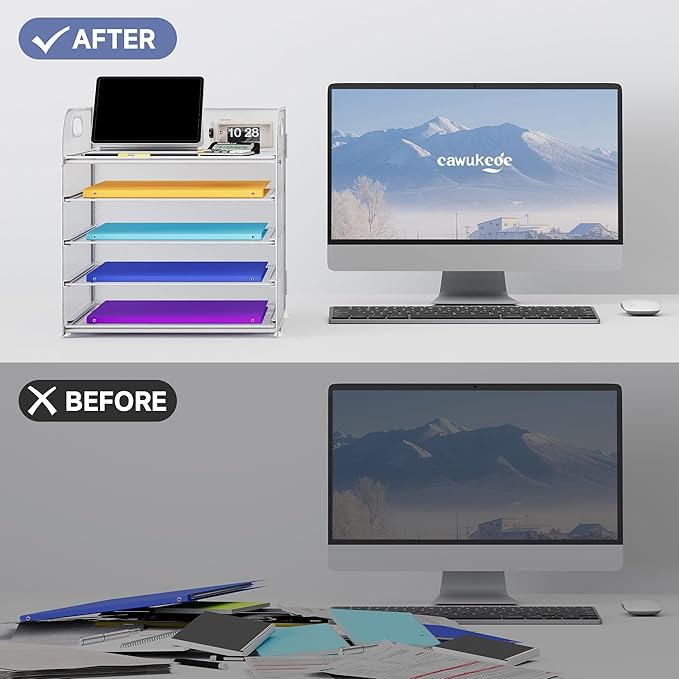 5 Tier Paper Organizer with Handle, Metal Mesh Desk Organizer File Folder Organizer Paper Letter Tray Desktop Document Sorter for Classroom, School, Office Organization and Storage - White