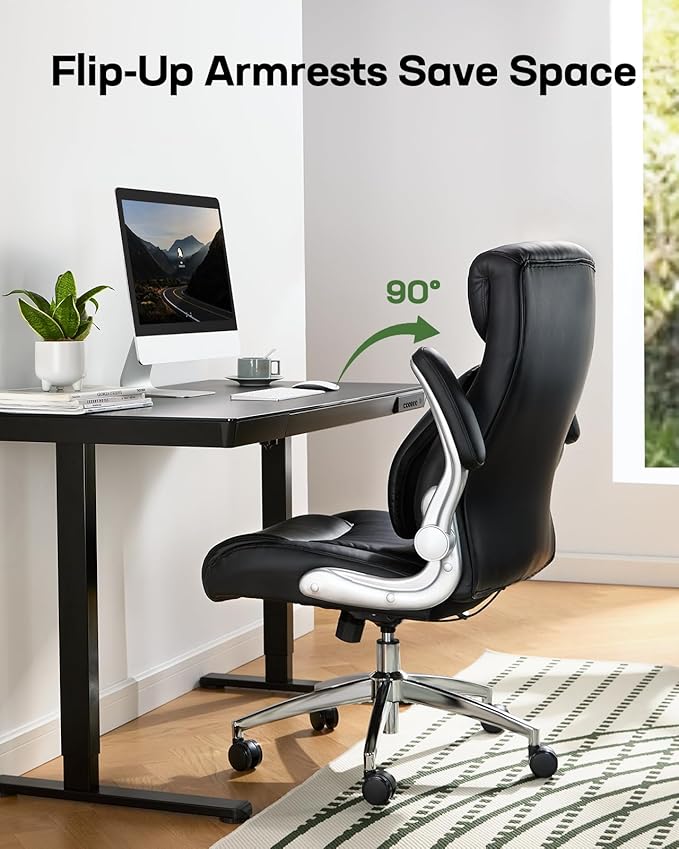 Marsail Comfortable-Office Chair with Dynamic-Lumbar Support: High Back PU Leather Executive Office Chair with Flip-up Arms Tilt Function, Ergonomic Executive Desk Chair for Home Office Work, Black