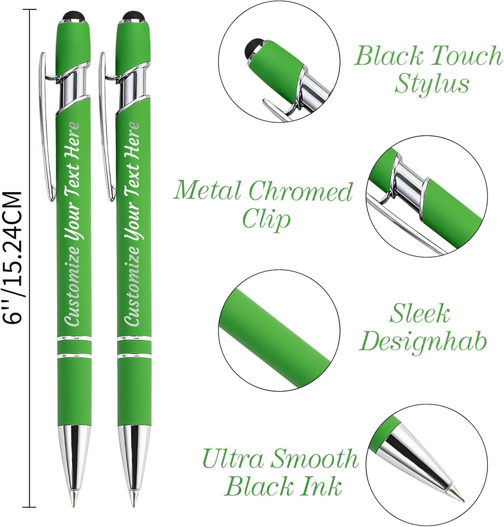 Personalized Pens Bulk 100 with Name Custom Engraving Ballpoint Pens with Stylus Tip Customized Smooth Writing Pens Personalized Gifts for Anniversary Birthday or Graduation(Light Green,Black Ink)