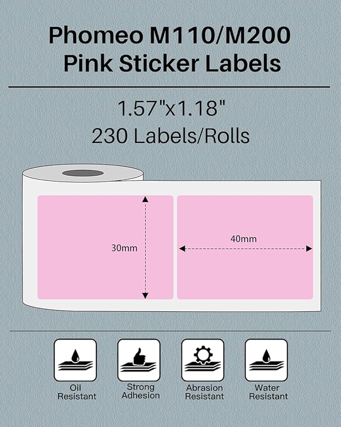 Phomemo Sticker Label M110/M221/M220/M120/M200/M150/M250/M260 Pink Label- 1.57"x1.18"(40x30mm) Thermal Label for Small Business, Home, Office, 230 Labels/Roll
