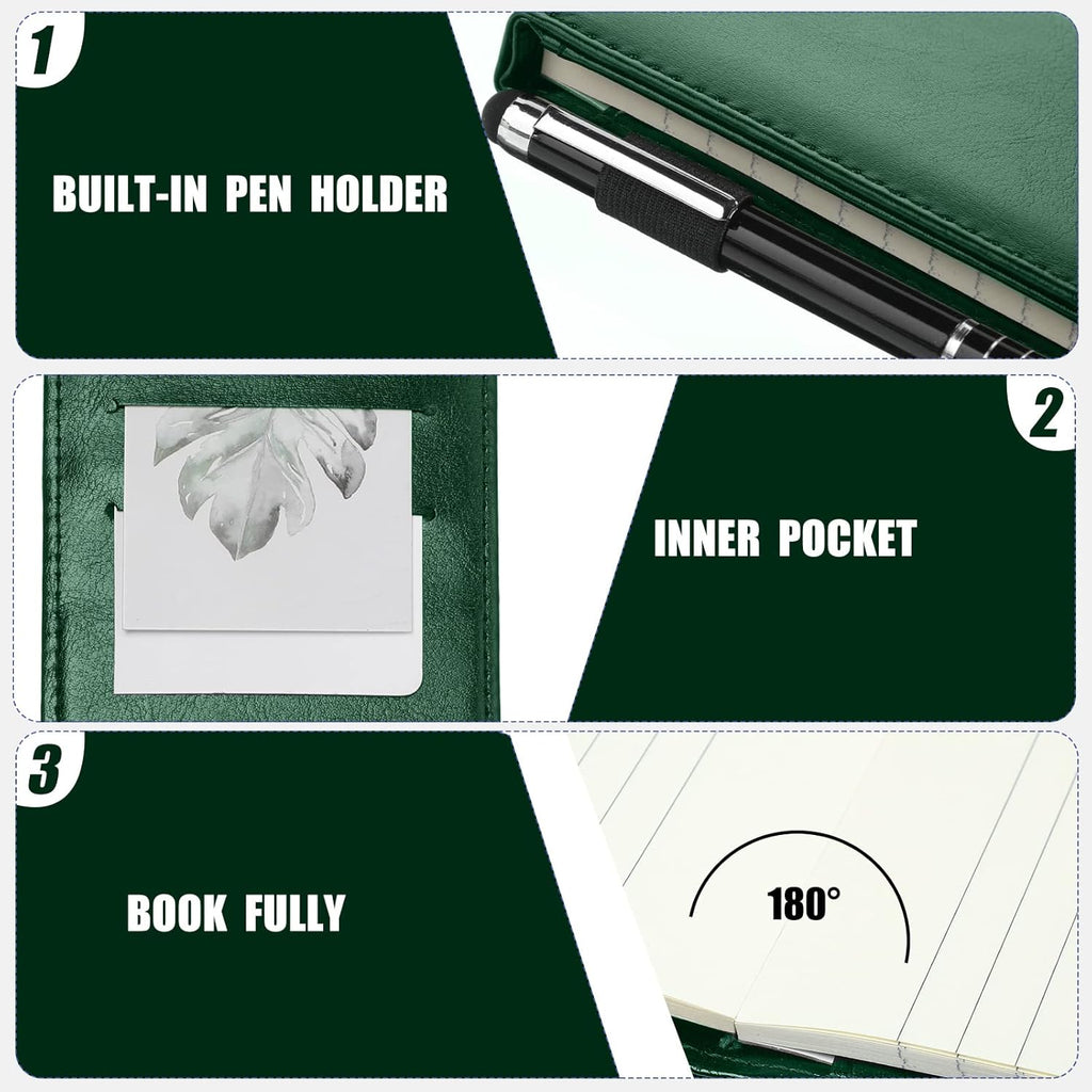 Outus 10 Pcs Pocket Notebook with Pen Set Included Mini Pocket Notepad Holder with 50 Lined Sheets, Metal Pen, 8 Pcs 3 x 5 Inch Memo Book Refills, 30 Lined Paper Per Note Pad (Green)