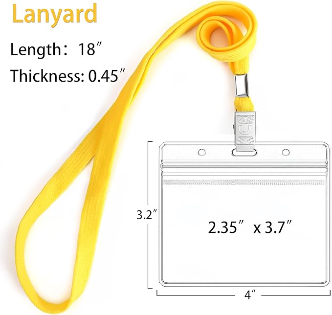 100Pcs Clear Plastic Horizontal Name Tags Badge ID Card Holders and 100Pcs Lanyards with Clip (Yellow)