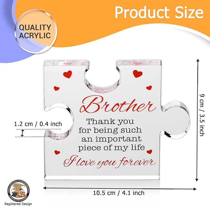 Brother Gifts - Engraved Acrylic Block Puzzle Brother Gift 4.1 x 3.5 inch - Cool Brother Gifts from Sister, Brother - Paperweights Birthday, Christmas, Graduation Gifts for Big Brother, Little Brother