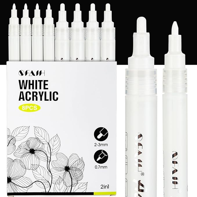 SFAIH Acrylic White Paint Pens - 8 Pack 2-3MM Medium Tip & 0.7MM Extra Fine Paint Marker for Rock Painting, Wood, Metal, Fabric, Plastic, Canvas, Glass, Ceramic, Diy Crafts, White Out Pen