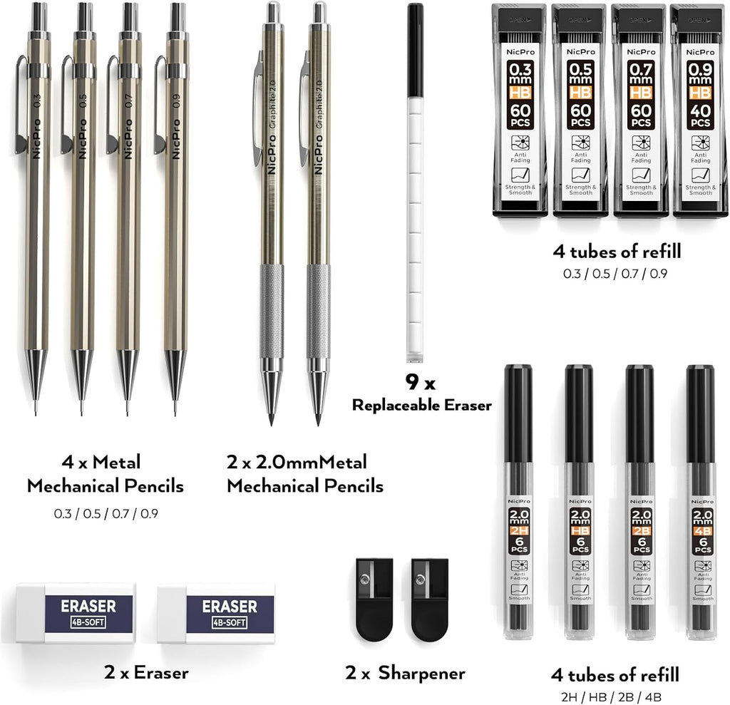 Nicpro 6PCS Metal Mechanical Pencil Set, Full Copper Drafting Pencil 0.3, 0.5, 0.7, 0.9 mm & 2PCS 2mm Graphite Lead Holder(4B 2B HB 2H) For Art Sketching Drawing With Lead Refills Eraser Case