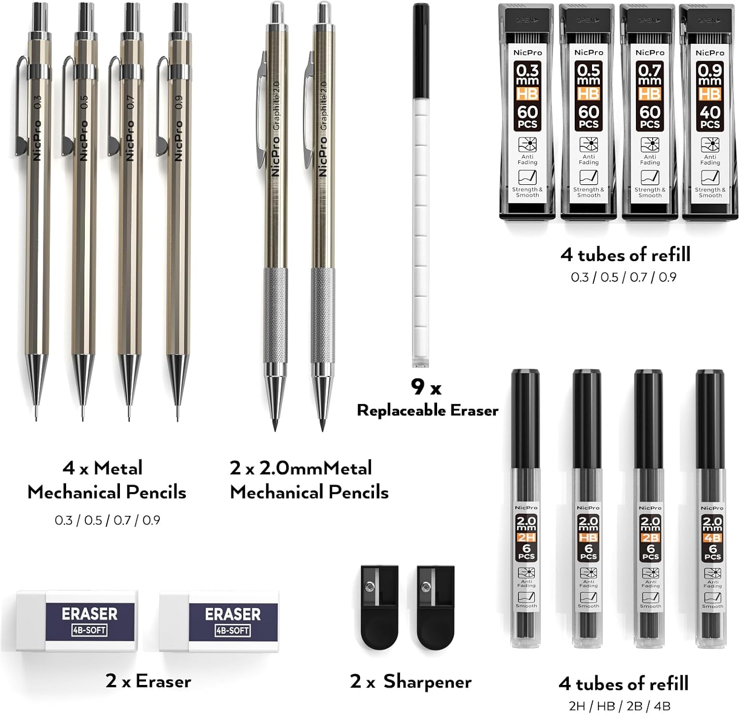 Nicpro 6PCS Metal Mechanical Pencil Set, Full Copper Drafting Pencil 0.3, 0.5, 0.7, 0.9 mm & 2PCS 2mm Graphite Lead Holder(4B 2B HB 2H) For Art Sketching Drawing With Lead Refills Eraser Case
