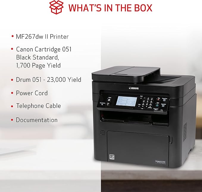 Canon imageCLASS MF267dw II - Monochrome Duplex Wireless Laser Printer, All-in-One With Scanner, Copier, Fax, Auto Document Feeder, Mobile Ready, 30 PPM, Black