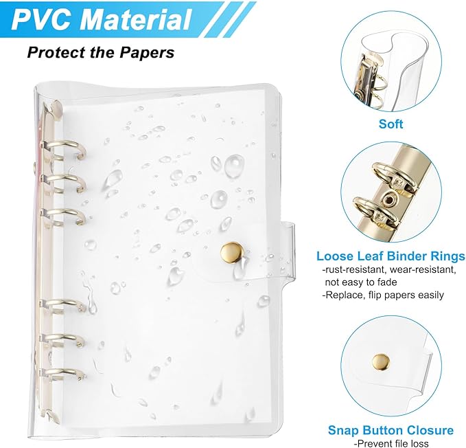 PATIKIL A6 Clear Binder Cover, 2Pcs Soft PVC Loose Leaf Binder Protector Refillable Notebook Shell with Snap Button Closure 6 Ring for DIY Meeting Notebook Folder, Gold Tone