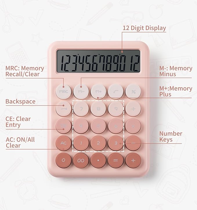 Calculator, Desk Calculators, Cute Pink Calculator, 12 Digit with Large LCD Display, Basic Standard Calculator, Big Button, Aesthetic Calculator, Mechanical Calculator for Office School