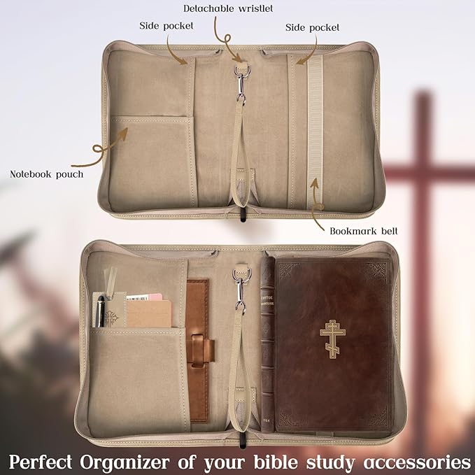 Leather Bible Cover for Woman & Men, Women’s Bible Case with Rose Bookmark for Bible Supplies-Girls Carrying Bag Tote with Strap, Personal Size Book Organizer for Journaling Bible-Khaki
