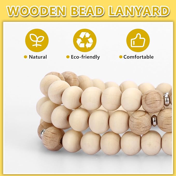 Teacher Lanyard with Id Holder, Cute Lanyards for Id Badges Keys, Retractable Natural Wooden Beaded Lanyard for Women, Lake Blue