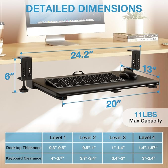 YOMT Adjustable Keyboard Tray Under Desk - 25.5“x13.7” Slide Out Computer Keyboard Drawer, 5kg Capacity with Smooth Glide Handle Out Computer Drawer for Typing, Black