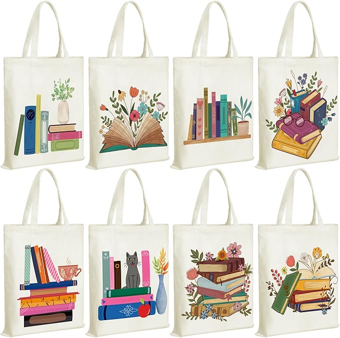 Sweetude 8 Pack Christmas Book Club Gifts Book Lovers Tote Bag Bulk Bookish Canvas bag Librarian Readers Gifts for Women(Book)