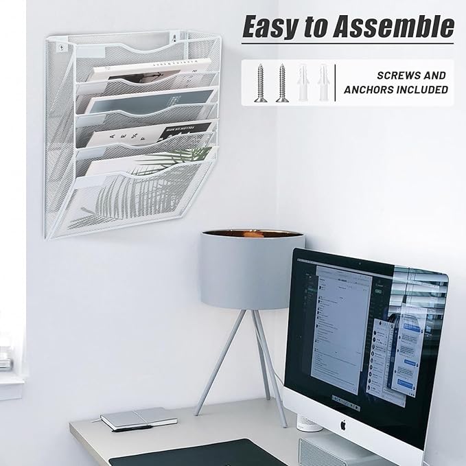 EASEPRES 5 Pocket Mesh Hanging Wall File Organizer, Wall Mounted Mail Paper Document Folder Holder, Clipboard Storage Organization Magazine Rack with Nametag Label for Office Home School, White