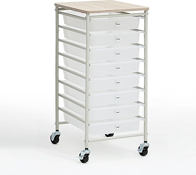 SunnyPoint Wooden Top Compact Rolling Storage 8 Drawers Organizer Mobile Utility Cart, Under Desk Storage Cart with Caster Wheels (Compact 8 Drawers, White)
