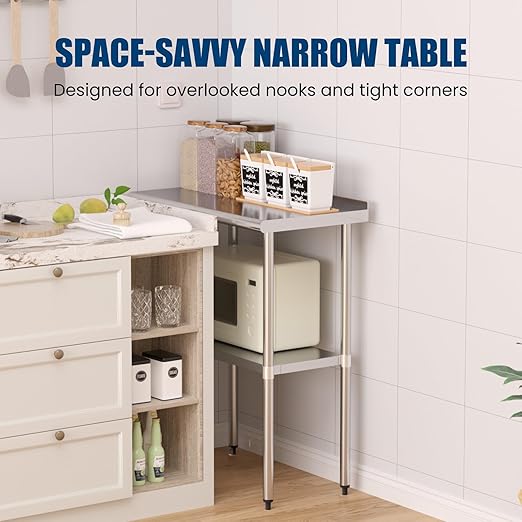 Stainless Steel Table 18 x 30 Inches Metal Prep Table with Backsplash & Adjustable Undershelf for Commercial Kitchen, Outdoor, Restaurant, Hotel & Garage