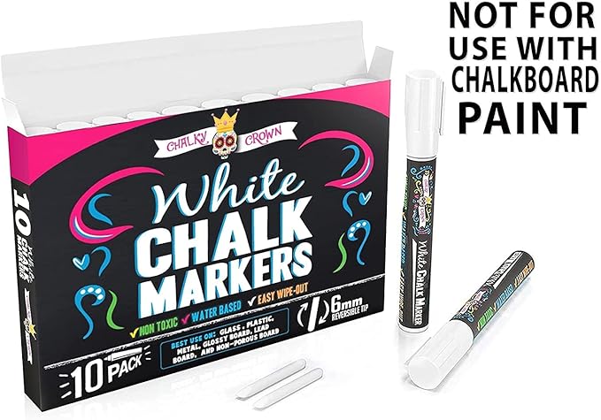 CHALKY CROWN Liquid Chalk Marker Pen - White Dry Erase Marker - Chalk Markers for Chalkboard Signs, Windows, Blackboard, Glass - 6mm Reversible Tip (10 Pack)