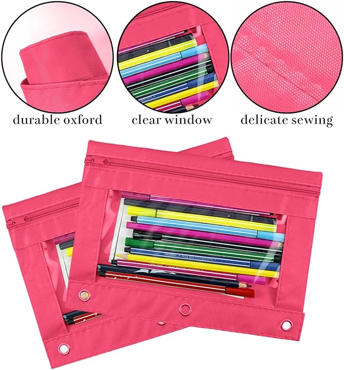 YoeeJob Pencil Pouch for 3 Ring Binder, Zipper Pencil Pouches Bulk, Pencil Case Pouch with Clear Window for Class, School, Office, Pink, 24 Packs