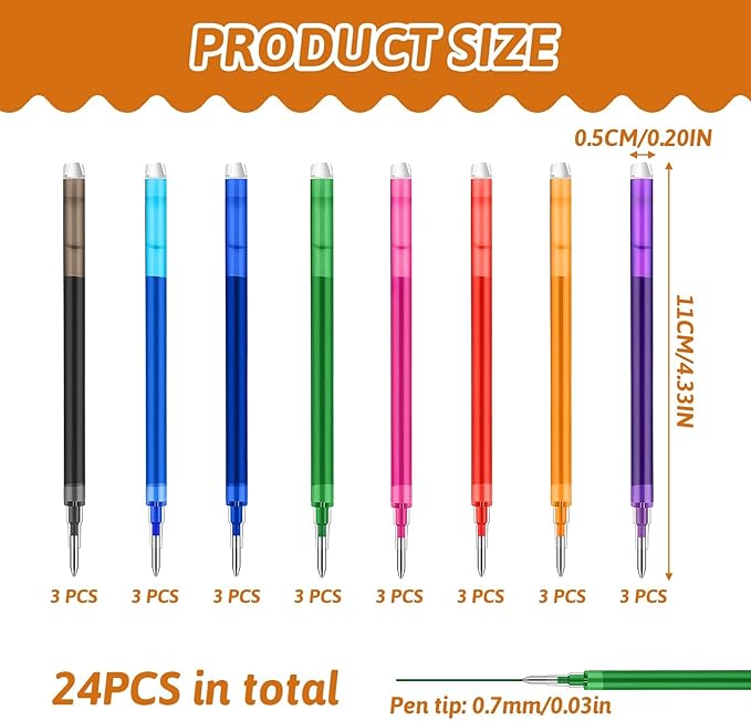 0.7 mm Erasable Gel Ink Pen Refills Compatible with Frixion Friction, 8 Colors Multicolor Retractable Fine Point Pen Refill (Blue,Black,Red,Green,Orange,Lake Blue,Purple,Rose Red) (8Color, 24)