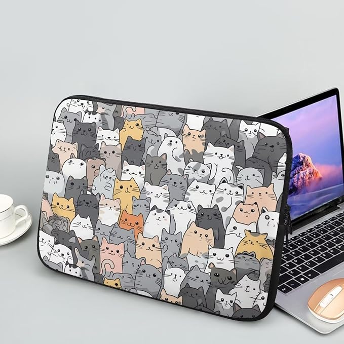 Cartoon Cat Print Laptop Briefcases for Men Women, Cute Laptop Sleeve Case Water Resistant Neoprene Computer Carrying Cover 17 Inch Laptop Carrying Bag