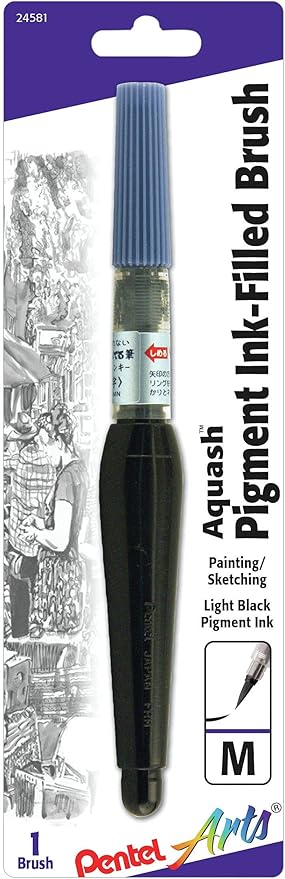 Pentel Arts Aquash Pigment Ink Brush, Light Black Ink, Pack of 1 (FRHMNBPA), medium