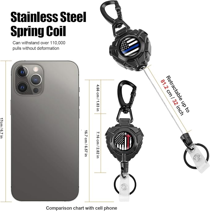 bolimoss Retractable Keychain Heavy Duty 2 Pack Name Badge Holder Reel with Belt Clip, 360° Swivel Carabiner Key Chains, Tactical ID Badge Reels with 31.5” Wire Rope & Key Ring, (American Flag
