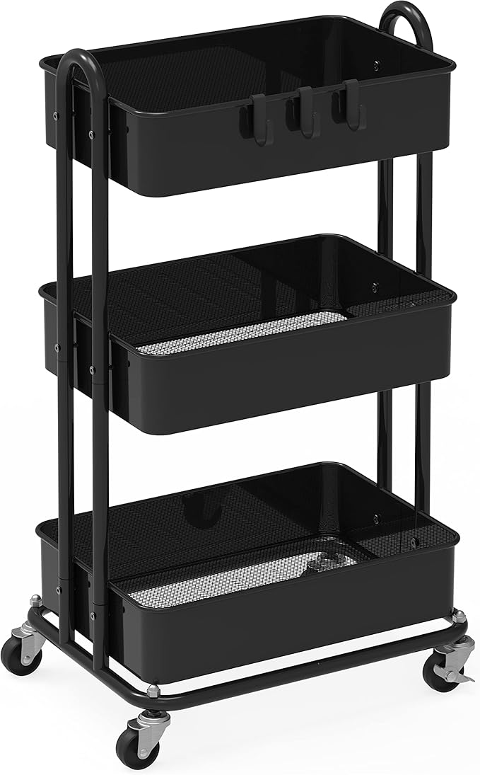 Simple Houseware Heavy Duty 3-Tier Metal Utility Rolling Cart, Black