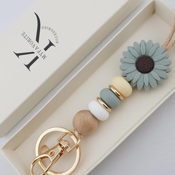 Flower Teacher Lanyards ID Badge and Key Chain, Cute Silicone Beads Lanyard for Women Nurse Work Student (Green)