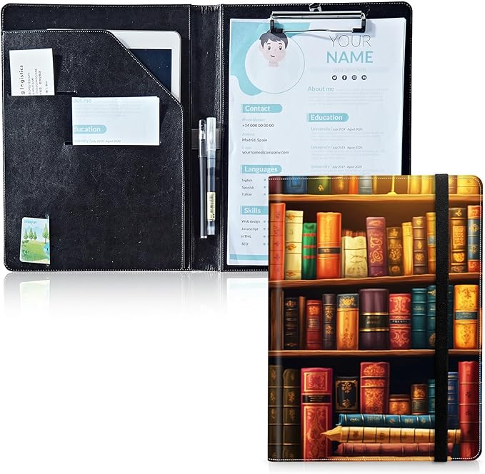 Padfolio Folder with Clipboard,Portfolios Organizer Clipboards with Storage Clipboard Writing Pad PU Leather Conference Document Organizer with Business Card Holder,Vintage Bookshelf
