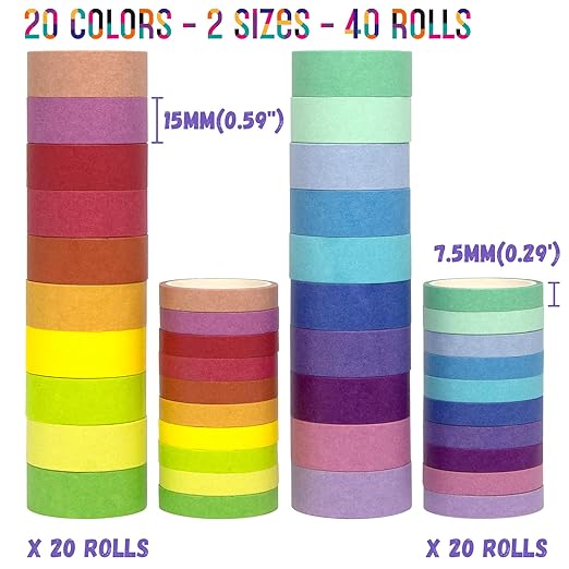 WAPETASHI Washi Tape Set 40 Rolls, 2 Sizes Rainbow Decorative Tape, Colored Washi Tape, Art Craft Washi Tape for Journaling, Scrapbooking Supplies, 15mm 7.5mm Wide Washy Tape