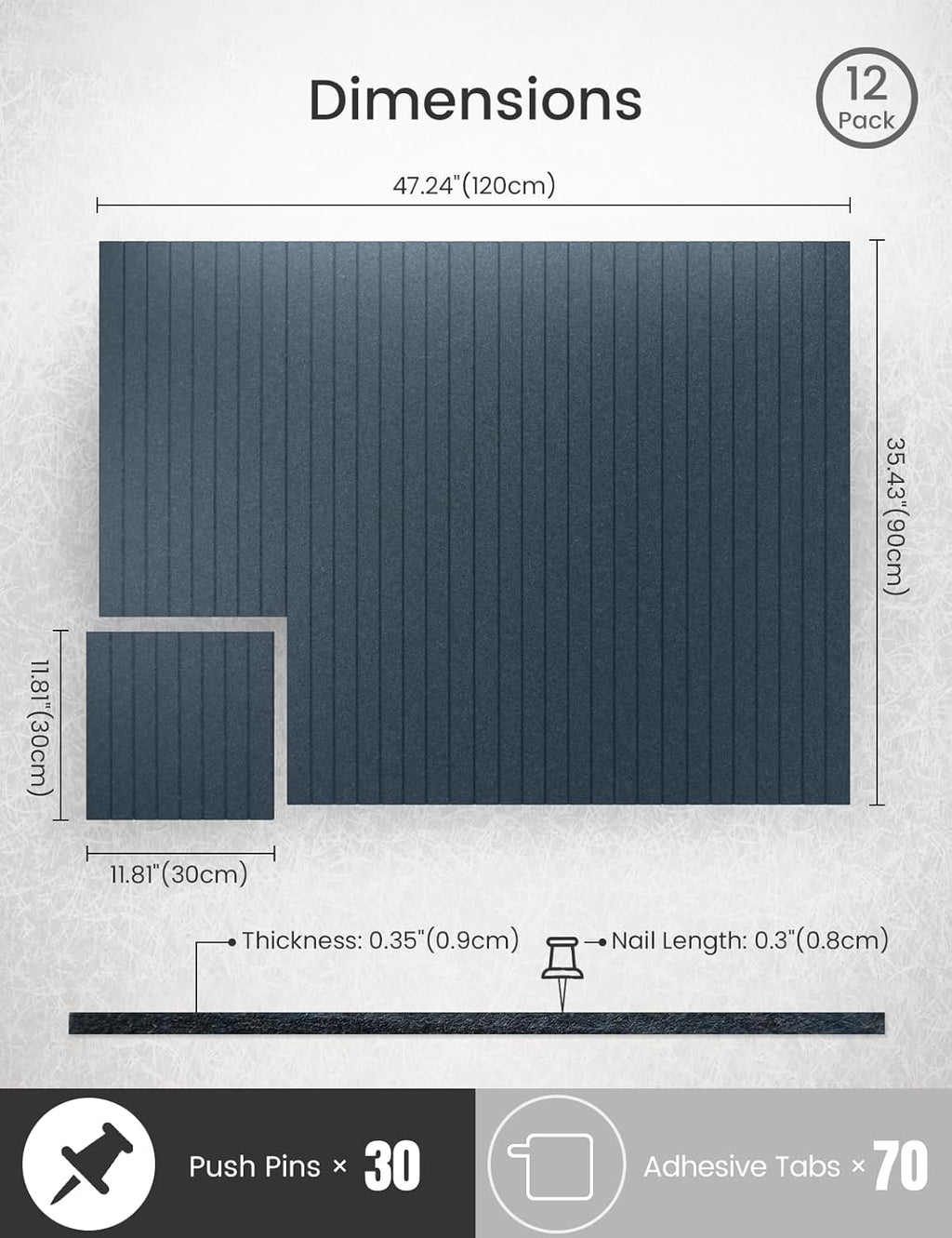 Bumusty Large Cork Board Alternative-47 x35 Felt Bulletin Board, with 30 Pushpins, 70 Adhesive Tabs, 12-Pack Slat Wall Paneling, Cork Boards for Office Push Pin Board Felt Board-Deep Charcoal Blue