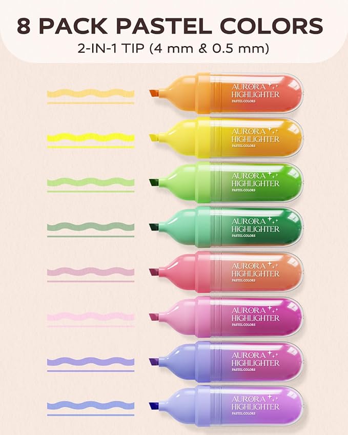Four Candies 8 Pcs Highlighters Assorted Colors, Cute Pastel Highlighter Set, Dry Quickly, Soft Chisel Tip, Assorted Colors Bible Highlighter for No Bleed, Aesthetic Highlighters for School, Office