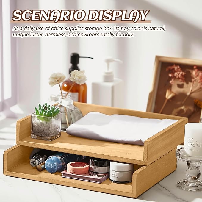 Yeaqee 4 Pcs Stackable Paper Tray Letter Tray Desktop Letter Size Wood Desk Organizer Office Wooden Desk Shelf Paper Holder Folder Organization Rack for Mail File Letter Document (Light Wood Color)