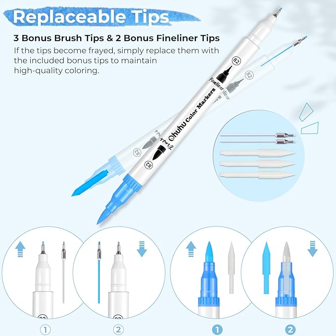 Ohuhu Markers for Adult Coloring Books No Bleeding 100 Colors Water-based Dual Tips Fineliner & Brush Coloring Markers for Kids Adults Beginners Drawing Pens for Journaling Lettering - Maui - White