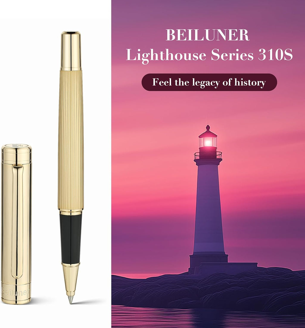 BEILUNER Lighthouse Series Rollerball Pen, 24K Gold Finish Pen Body, Exquisite Vertical Lines, Schneider 850 Refill, Nice Pen Gift Set for Men & Women, Office, Executive and Fancy Designer Pens (Gold)