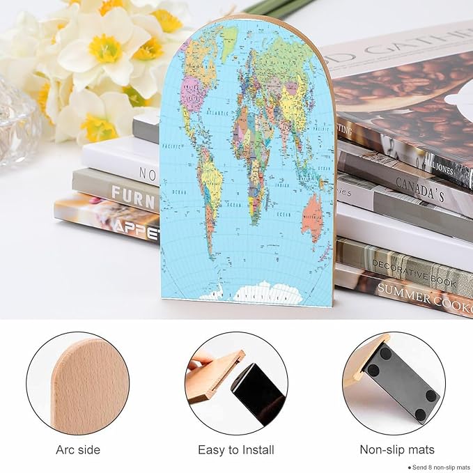 2 Pack Wood Bookends, World Map Blue Non-Skid Book Ends for Heave Books, Decorative Bookends for Shelves Desk, Book Stoppers Book Holders for Home Office Library School