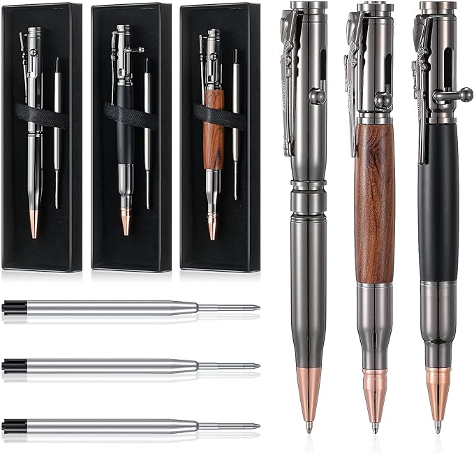 Crtiin 3 Sets Bolt Bullet Pens for Men Bullet Pen for Collector Lover with Gift Box and Black Ink Refills Thanksgiving Christmas Valentine‘s Day Gifts