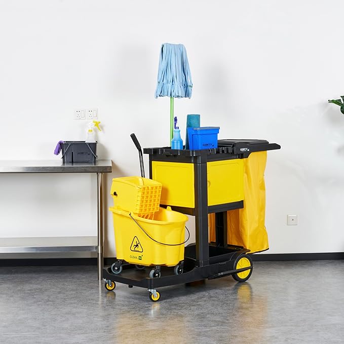 Restaurantware-Clean Tek Professional 3-Shelf Janitor Cart with Wheels, 1 Cleaning Trolley with Cover and 21 Gallon Bag - Includes 1 Single Locking Cabinet, Heavy-Duty, Gray Plastic Janitorial Cart