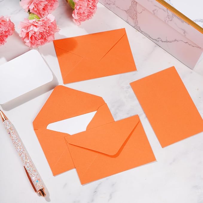 jiebor 100 Sets Small Envelopes with Small Blank Gift Business Card Wedding Invitation Pocket Envelopes for Graduations Wedding Shower Holiday 4.37 x 2.91 Inch Orange