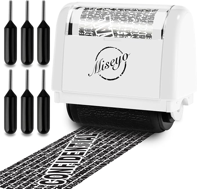 Miseyo Identity Theft Protection Roller Stamp Set - White (6 Refill Ink Incleded)