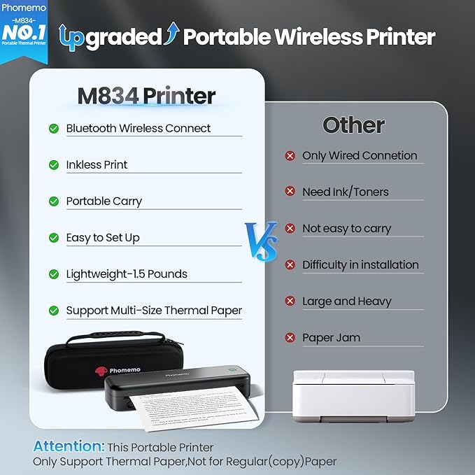 Phomemo Portable Printers Wireless for Travel [Upgraded],M834 Bluetooth Thermal Printer 8.5" x 11"& A4 Size,Inkless Mobile Printer with Carry Case for Travel,Office,School,Car,Home