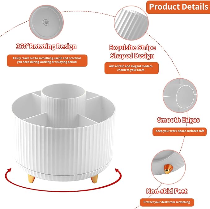 Desk Pencil Pen Holder, 5 Slots 360°Degree Rotating Pencil Pen Organizers for Desk, Desktop Storage Stationery Supplies Organizer, Cute Pencil Cup Pot for Office, School, Home, Art Supply, White